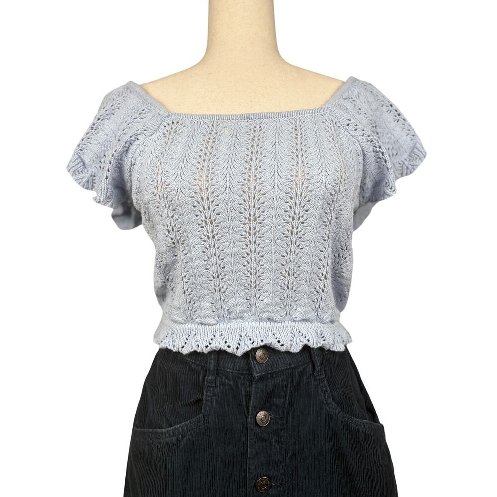 Freshman 1996 Blue Knit Crop Top Puff Sleeve Cottagecore Boho M